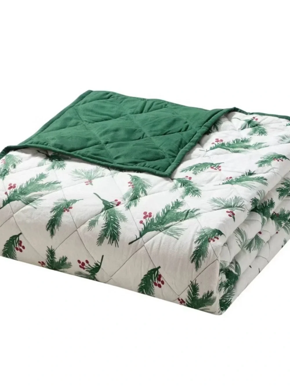 Holiday Pine & Berry Reversible Flannel Queen Set Green/White/Red ~ Festive